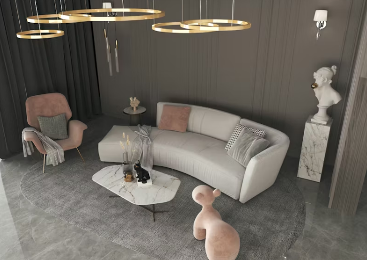 곡선 소파와 모던한 인테리어로 정돈된 감성적인 거실 공간