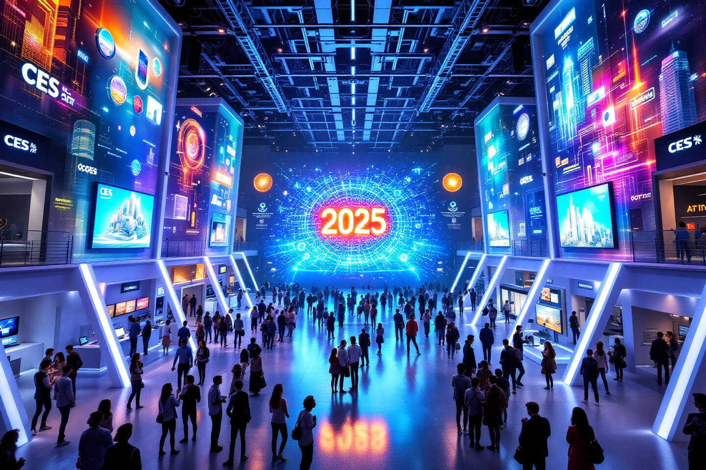 2025년 CES 박람회의 실내 전경. 중앙에는 '2025'라는 밝은 네온 텍스트가 큰 디지털 화면에 표시되고, 주변에는 다양한 첨단 기술과 혁신적인 제품을 선보이는 부스들이 자리 잡고 있습니다. 화면에는 스마트홈, AI, 자율 주행, 디지털 헬스케어와 같은 기술 관련 이미지를 띄운 디스플레이들이 벽면을 장식하고 있습니다. 관람객들이 부스를 둘러보고 대화를 나누며 활기찬 분위기를 더하고 있습니다. 전체 공간은 미래지향적인 푸른 빛과 화려한 조명으로 강조되어 있습니
