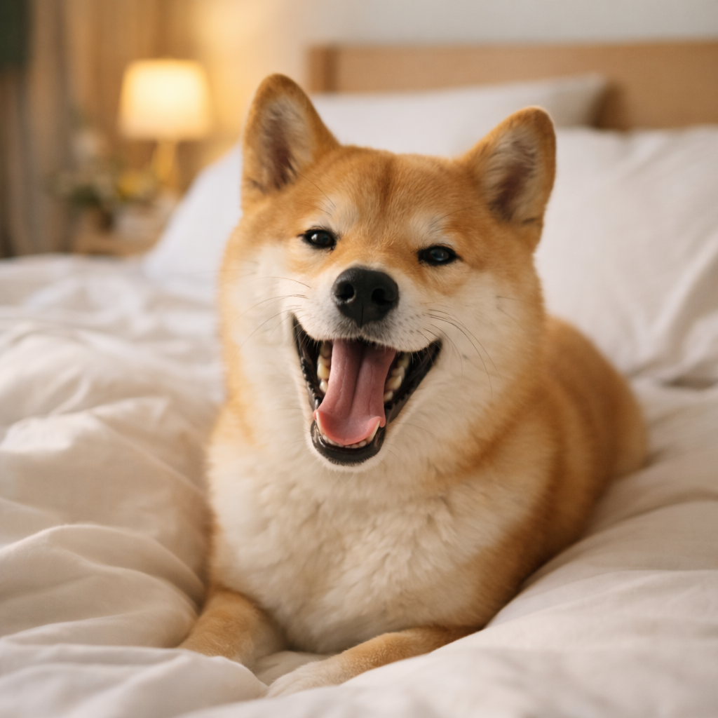 침대에 편하게 누워있는 시바견