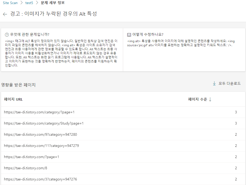 Bing Site Scan 문제 페이지 목록