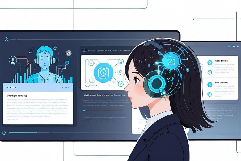 미래형 인터페이스 화면 앞에서 청록색 AI 홀로그램 헤드셋을 쓴 검은 머리 여성 상담원이 옆모습으로 서있고, 배경에 아바타, 브랜드 스토리텔링, 챗봇 등의 디지털 카드가 표시된 AI 고객 서비스 일러스트 via freepik