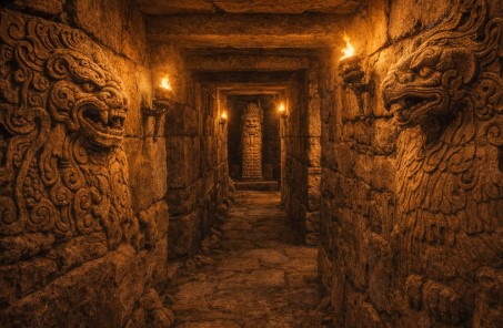 차빈 문명의 신전 내부 의식 통로를 묘사한 장면