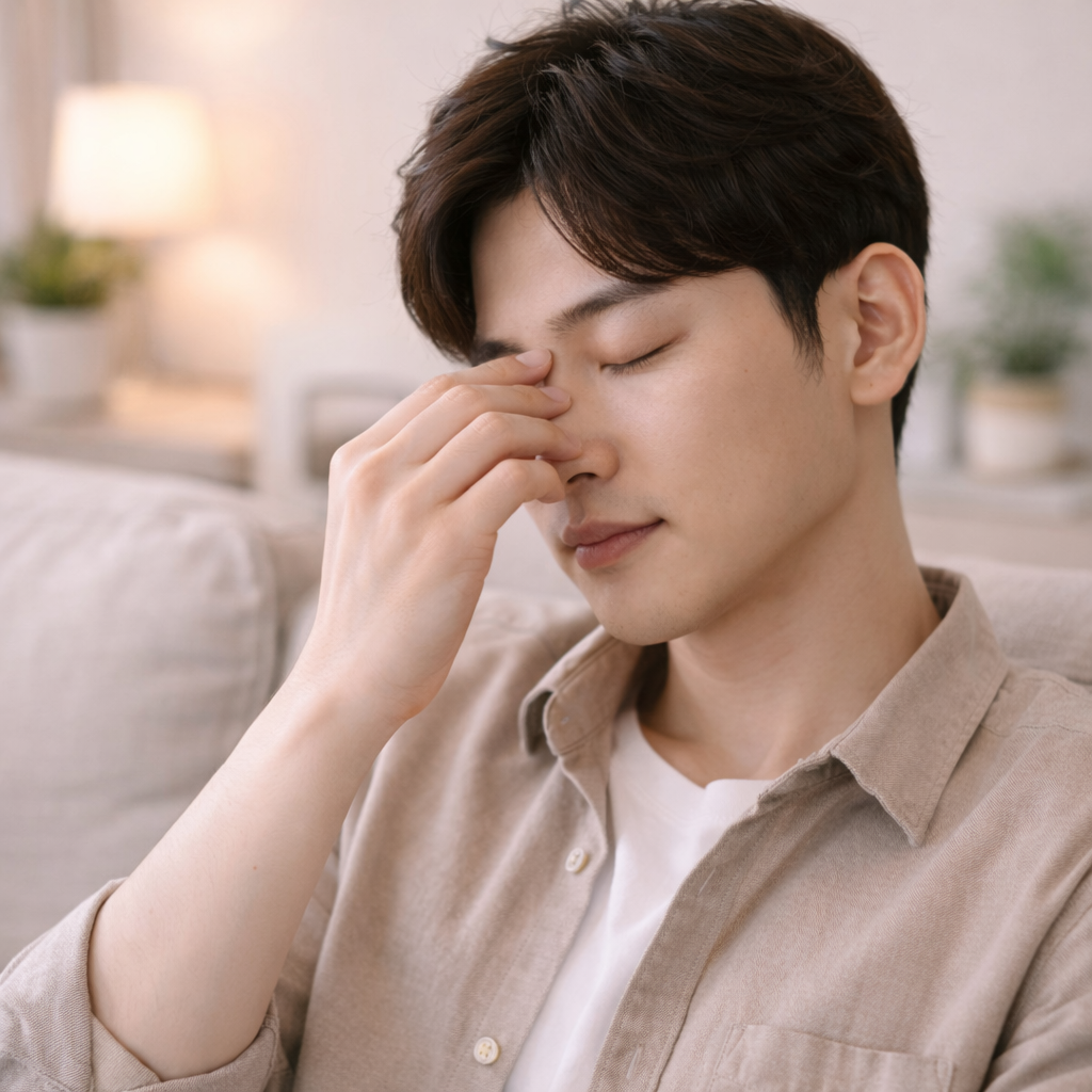 안약 점안 후 눈을 감고 비루관 부위를 가볍게 눌러 안정하는 모습