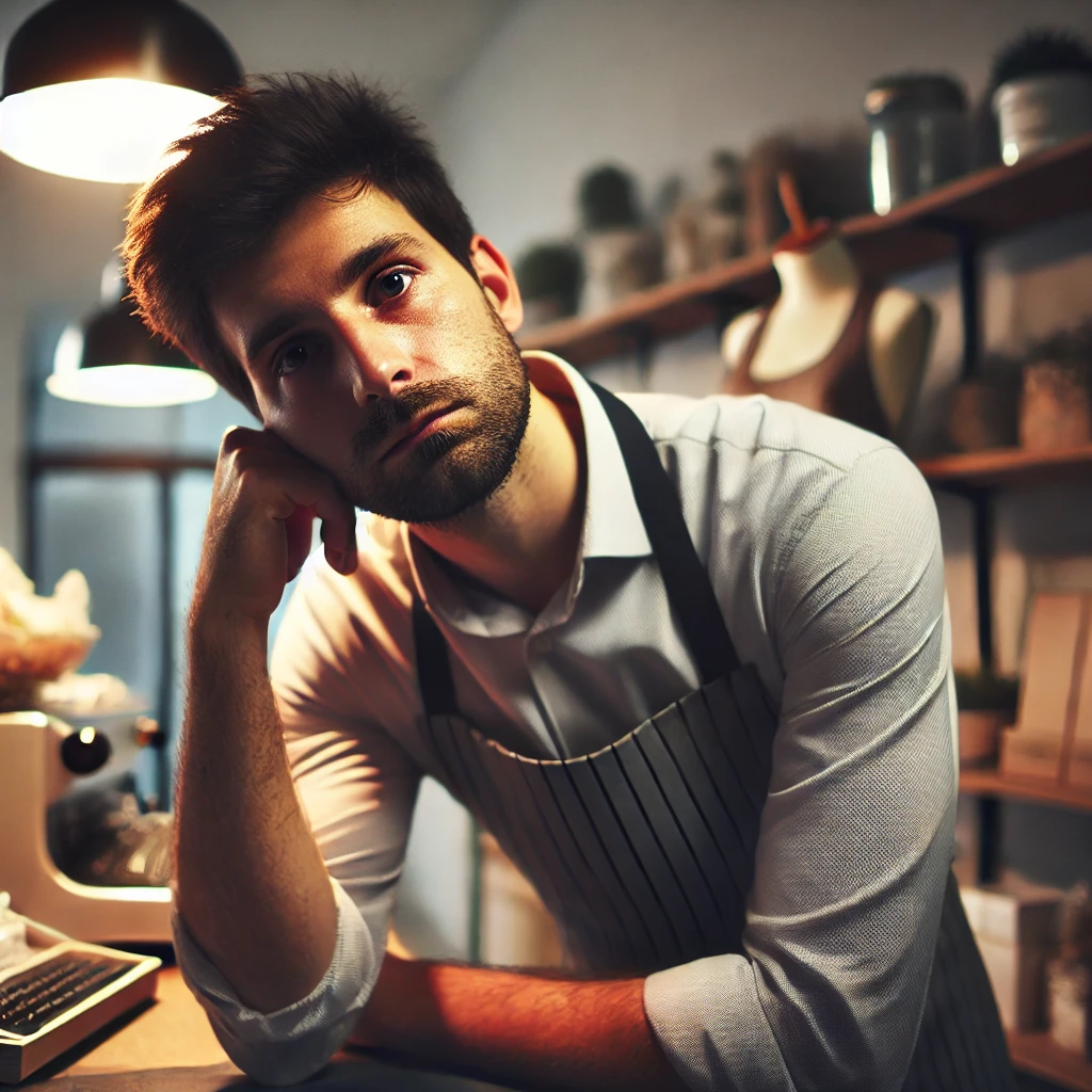 피곤해 보이는 자영업자가 가게에서 일하는 모습2