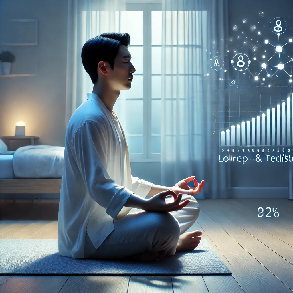 "평온한 조명 아래에서 명상을 하는 한국 남성, 스트레스 해소와 호르몬 균형을 강조하는 장면"