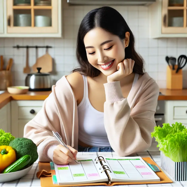 식탁에 앉아 식단표를 보며 다이어트를 계획하는 젊은 동양 여성