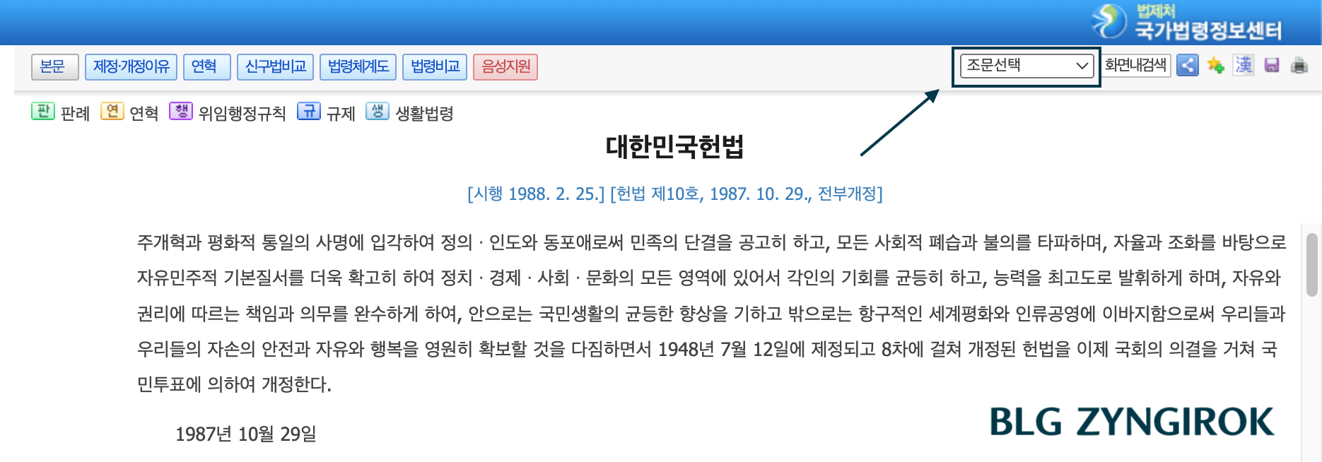 헌법 조문 조회하기 모습이다.