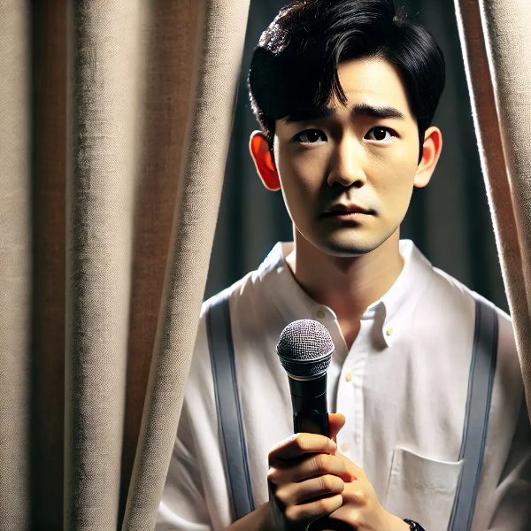 무대 공포증으로 긴장한 동양인 공연자