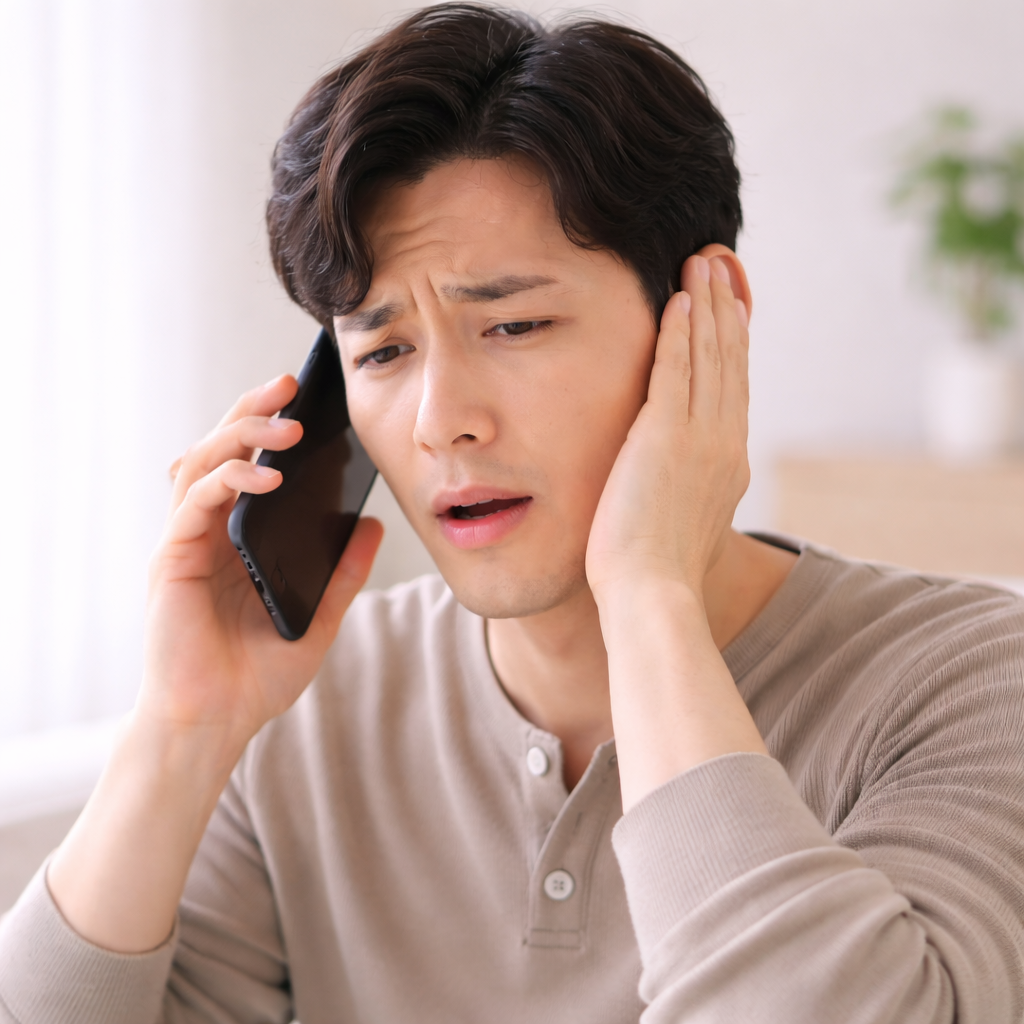 돌발성난청으로 전화 통화가 불편해진 상황을 표현한 이미지