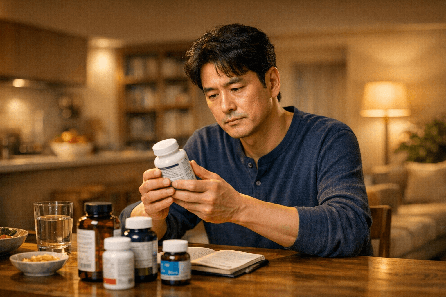 영양제 상한섭취량 체크리스트를 확인하는 40대 한국인 남성