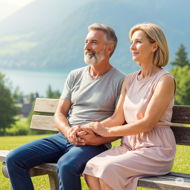 아름다운 공원 벤치에 앉아 손을 잡고 평화롭게 미래를 바라보는 중년 부부, 행복하고 잘 계획된 은퇴 생활