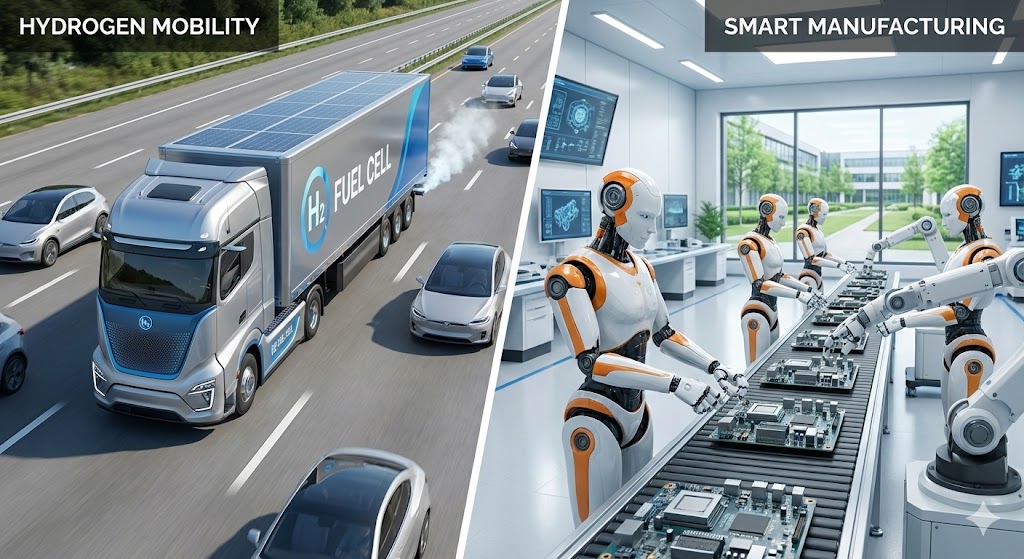 자율주행 수소 트럭이 고속도로를 달리고, 공장에서 휴머노이드 로봇이 일하는 미래적인 모습