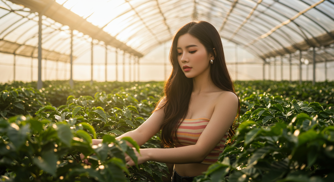 온실에서 커피를 재배중인 여성