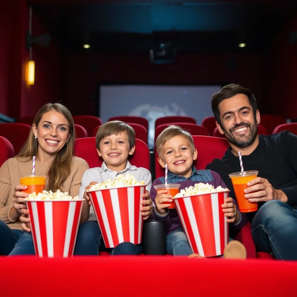 팝콘과 음료를 들고 영화관 좌석에 앉아 활짝 웃는 부모님과 아이들의 모습입니다. 아이들은 영화 속 장면을 기대하는 듯한 호기심 가득한 표정, 부모님은 흐뭇한 미소를 짓고 있습니다.