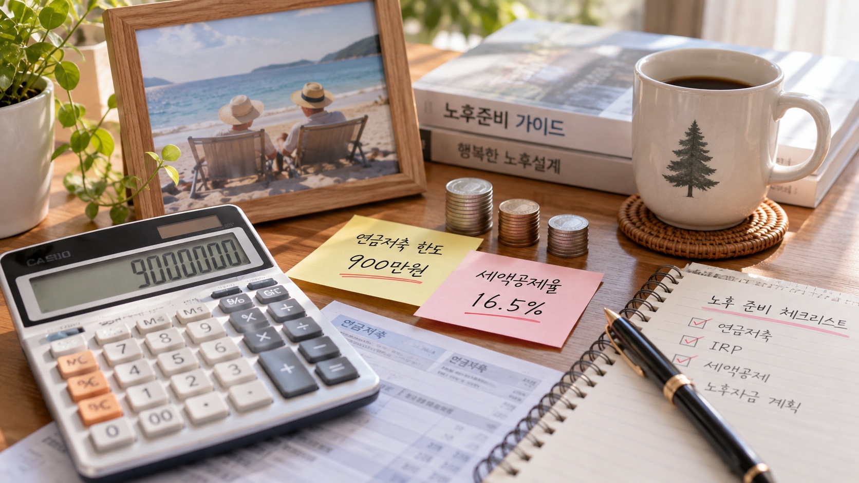 연금저축 세액공제 한도 900만원과 공제율 16.5%가 적힌 메모지, 계산기, 동전과 노후생활 사진