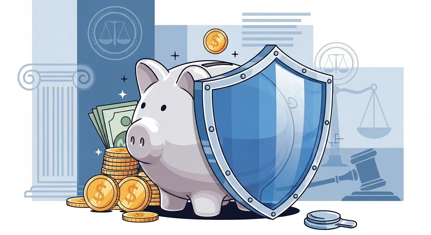 방패로 보호받는 저금통 이미지로, 보증금과 지연 이자를 안전하게 지키고 손해배상을 청구하는 과정을 나타냅니다.
