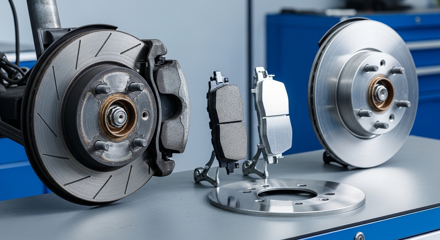 마모된 브레이크 패드와 디스크, 그리고 새 브레이크 부품들이 나란히 놓여 있는 모습. 브레이크 점검과 교체의 중요성을 시각적으로 보여준다.