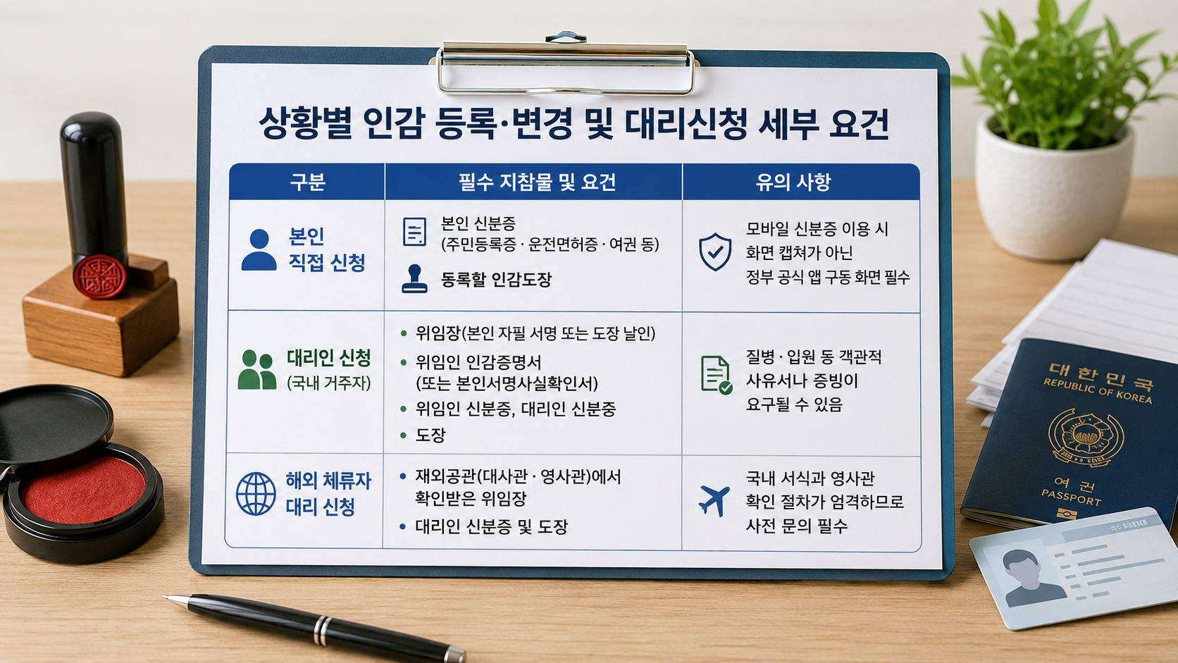 상황별 인감 등록·변경 및 대리신청 세부 요건