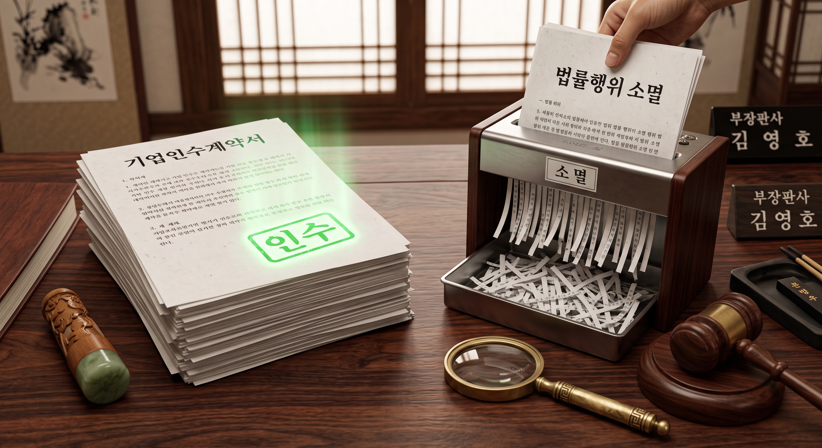 부동산 경매 권리분석 시 낙찰자가 빚을 떠안는 인수주의와 빚이 깨끗하게 사라지는 소멸주의의 차이점을 문서 세단기에 비유하여 설명하는 이미지