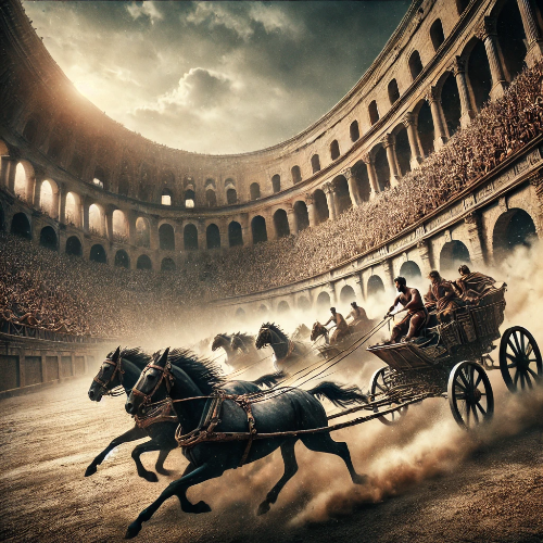 고대 로마의 웅장한 전차 경주 장면, 경주용 전차들이 먼지를 일으키며 로마 경기장을 질주하는 모습