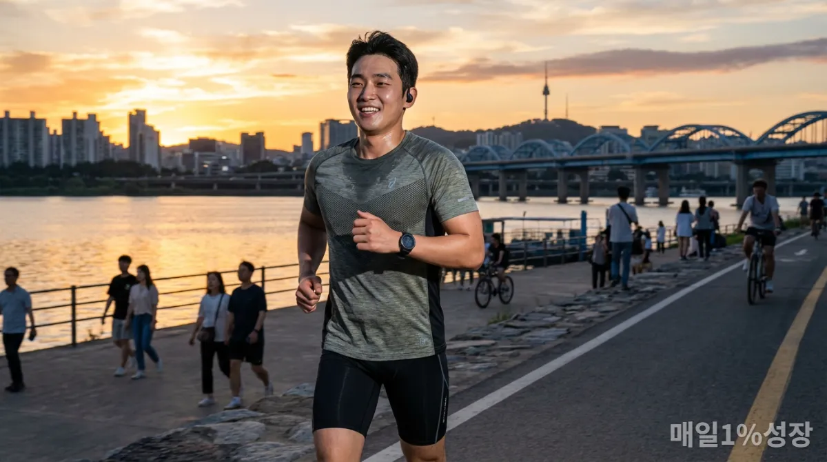 노을 지는 한강변을 따라 활기차게 조깅하는 20대 한국 남성