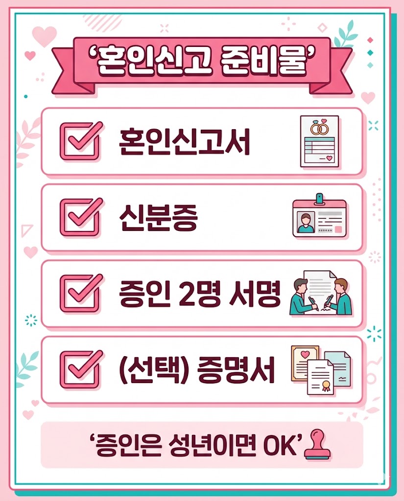 혼인신고 준비물 혼인신고서 신분증 증인 2명 체크리스트 인포그래픽