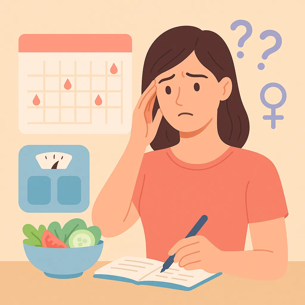 다이어트 후 몸무게를 확인하던 여성이 용돈기입장이 아닌 생리 주기를 기록한 달력 앞에서 손으로 이마를 짚으며 걱정스런 표정을 짓고 있는 모습의 일러스트