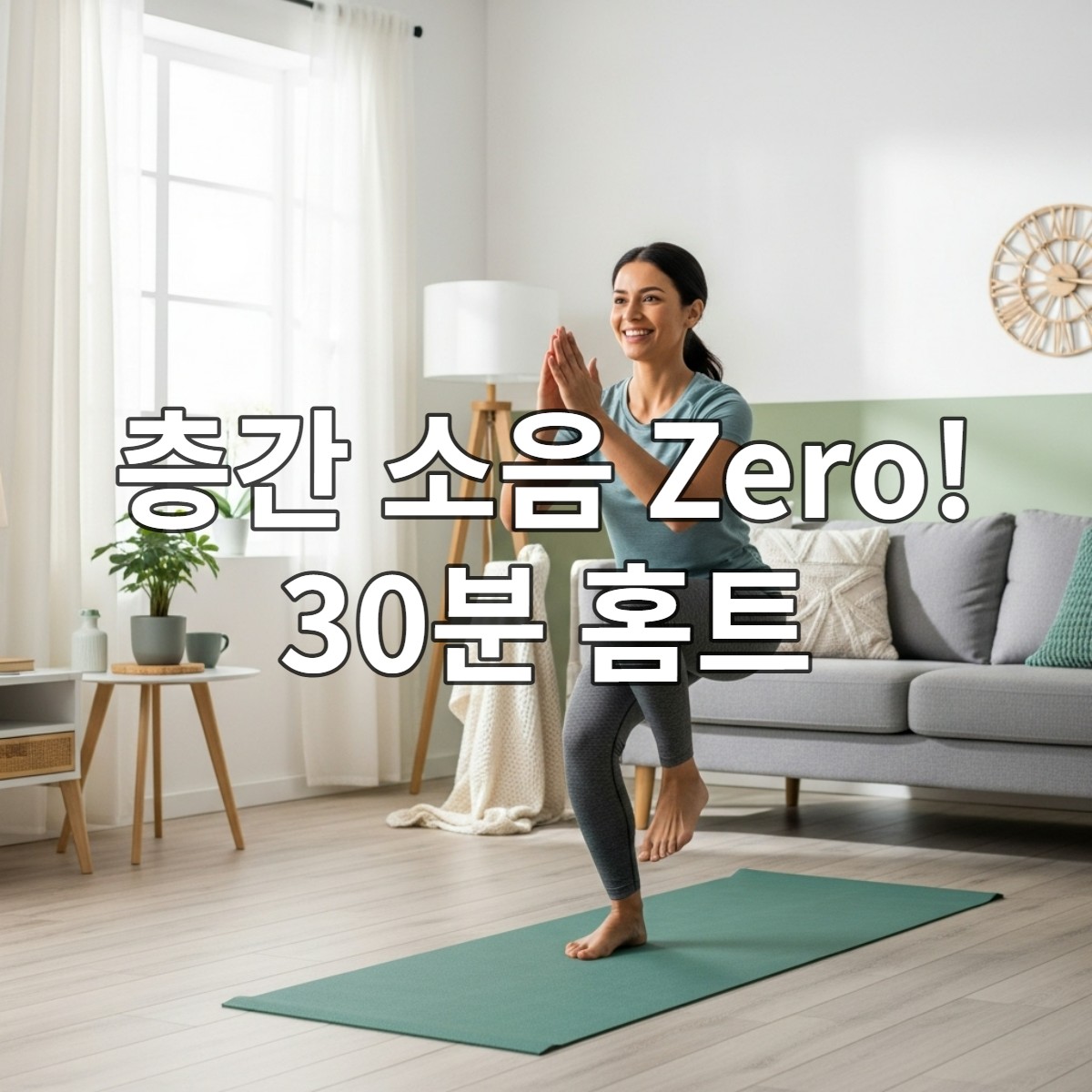 집에서 요가 매트 위에서 층간 소음 걱정 없이 저강도 유산소 운동을 하는 사람의 모습.