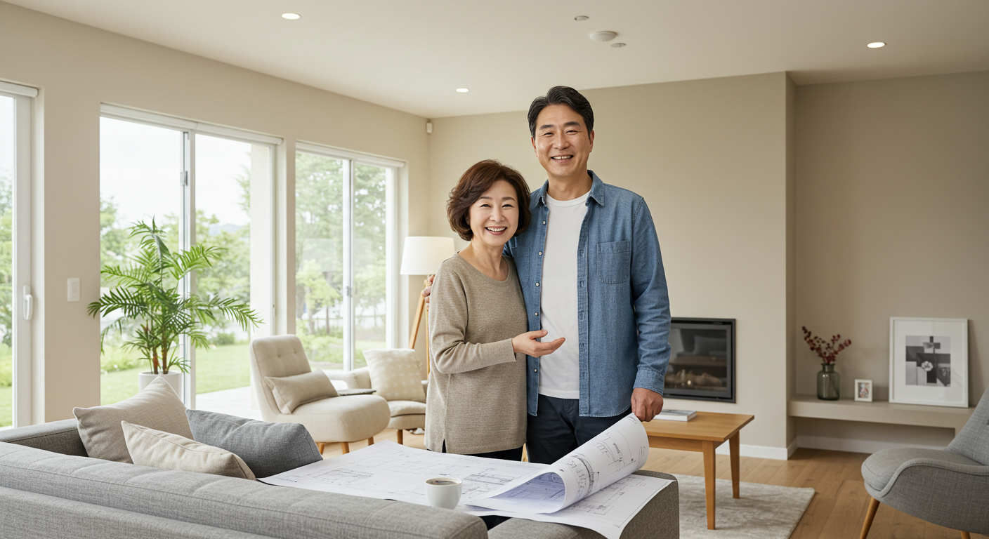 거실에서 집 활용 방안을 이야기하는 중년 부부