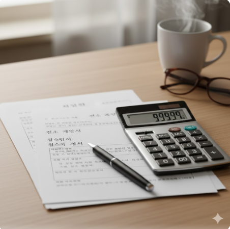 전세, 월세 계약서와 계산기가 함께 있는 이미지