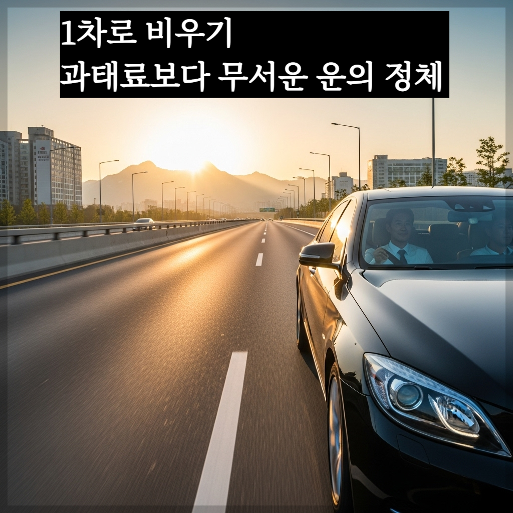 탁 트인 고속도로 1차로가 시원하게 비워져 있고, 2차로에서 성공한 분위기의 한국인 남성이 세련된 블랙 세단을 여유롭게 운전하며 밝은 미소를 짓고 있는 고화질 자동차 광고 느낌의 사진