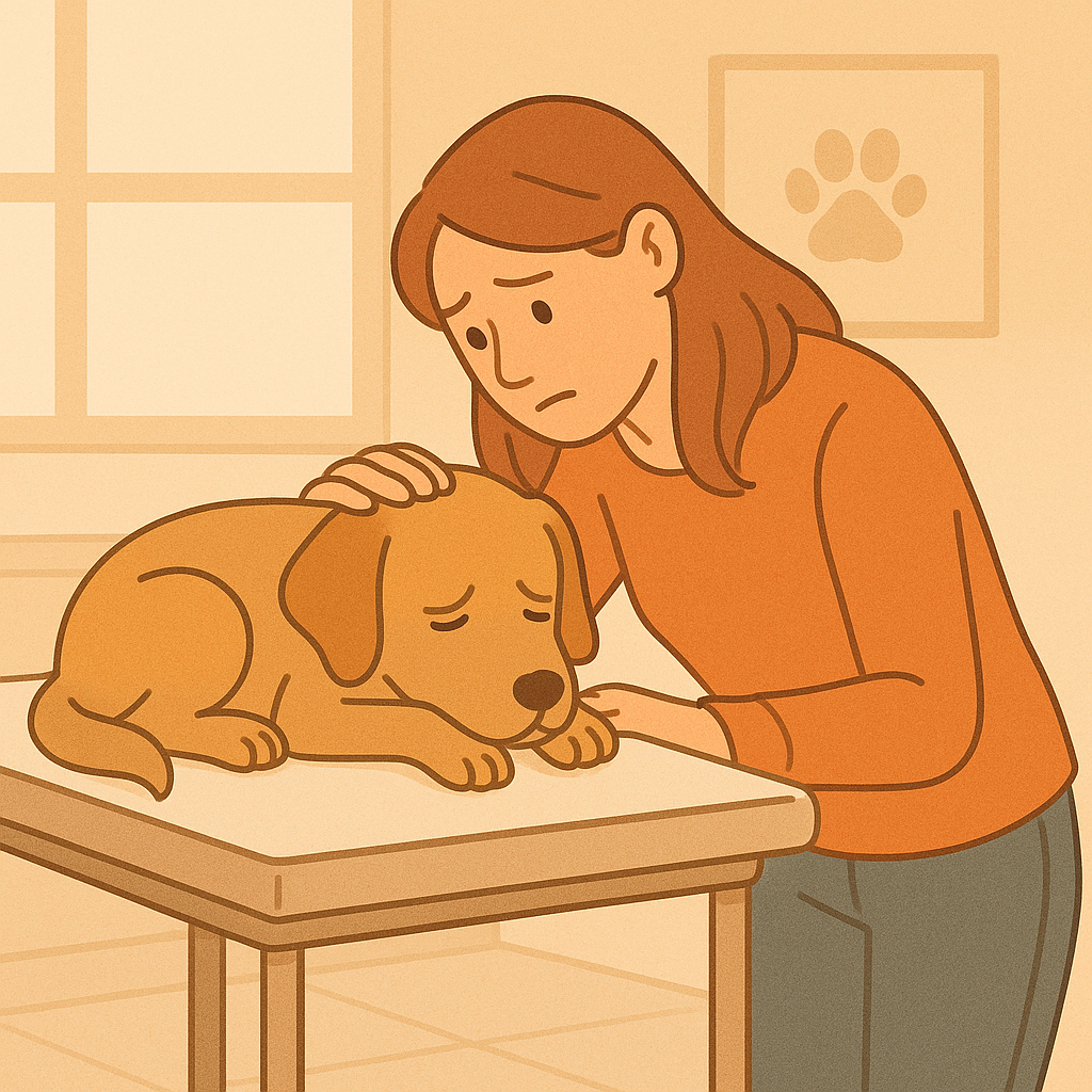병원 침대 위에 누워 있는 아픈 강아지와 걱정스러운 표정의 보호자를 묘사한 따뜻한 분위기의 일러스트 이미지