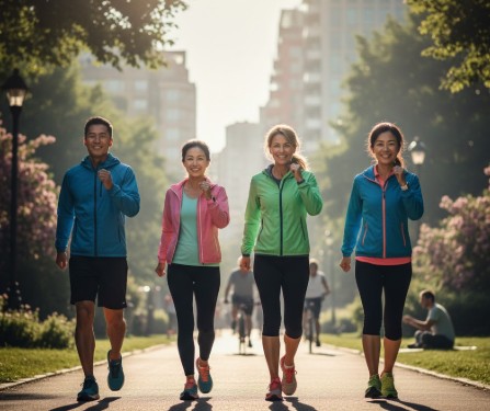 50대 남여가 열심히 걷기 운동을 하고 있다