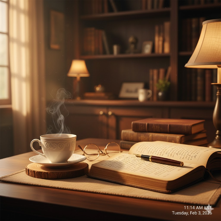따뜻한 찻잔 옆에 놓인 빛바랜 노트와 펜이 있는 서재 사진