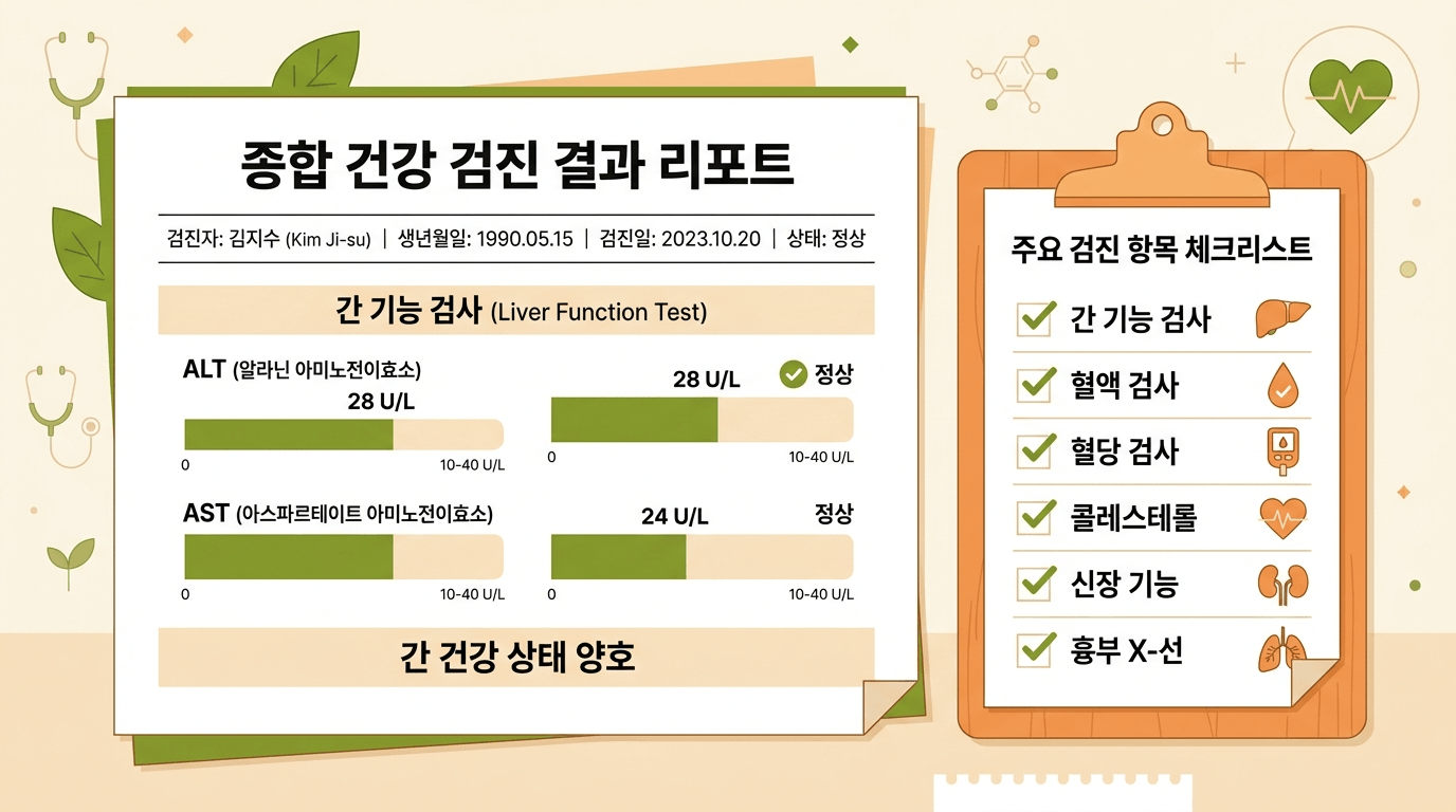 간수치 ALT AST 검진 결과지와 간 건강 체크리스트 일러스트