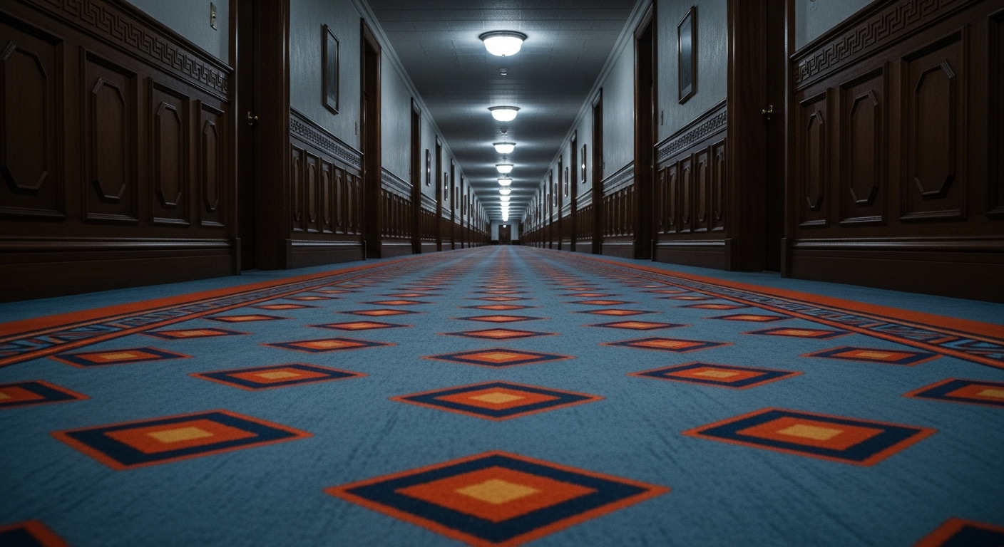 오버룩 호텔의 길고 대칭적인 복도 전경. 파란색과 회색의 기하학적 패턴 카펫이 끝없이 펼쳐져 고립감과 심리적 공포를 자아냅니다.