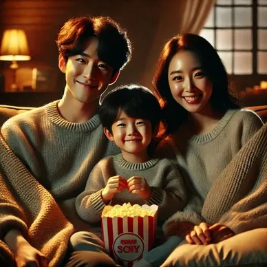 아이와 영화를 보는 가족의 모습