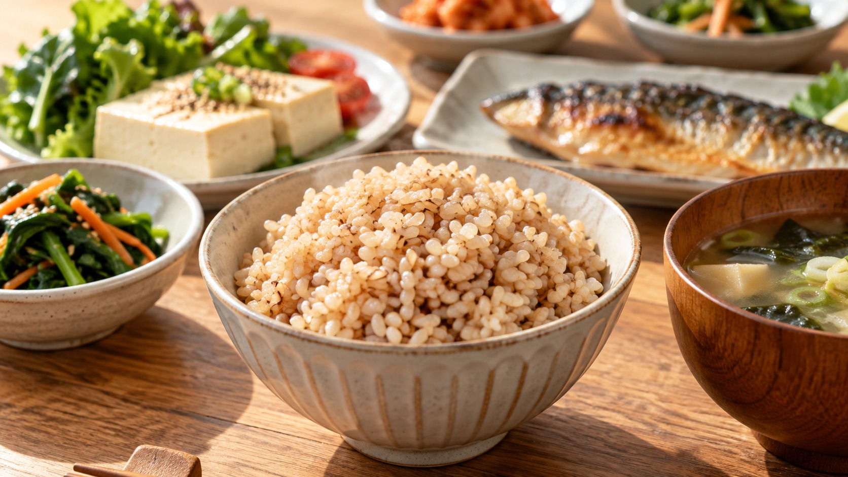 채소와 생선 반찬 옆에 놓인 따뜻한 현미밥 한 그릇