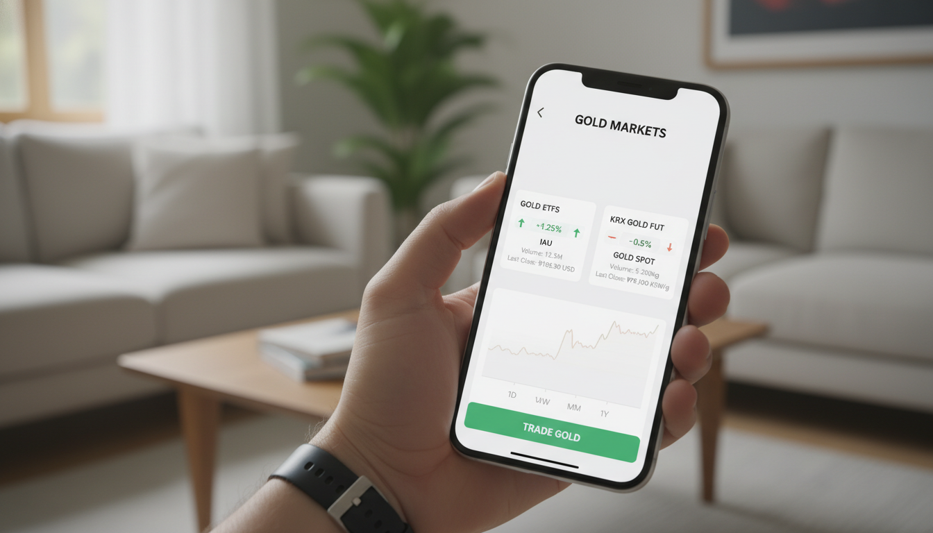 스마트폰 증권사 앱을 활용하여 간편하게 비대면 금 투자를 진행하는 화면
