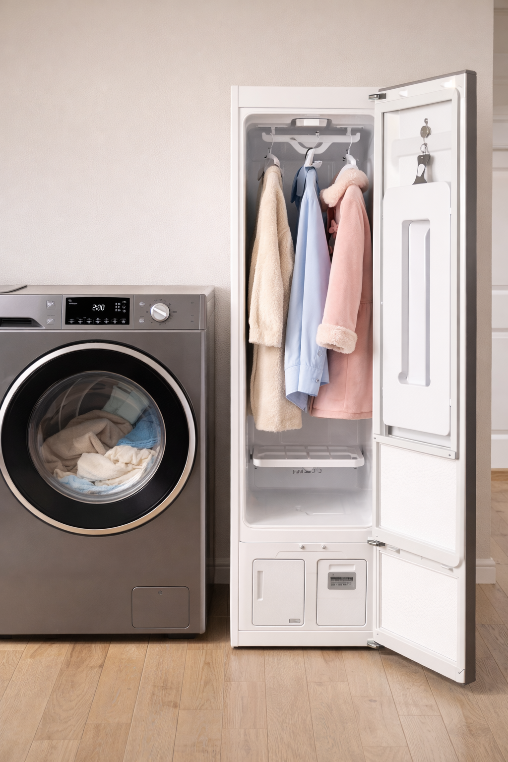 의류관리기 앞에 걸린 아이 외투와 깨끗하게 정리된 세탁실 이미지