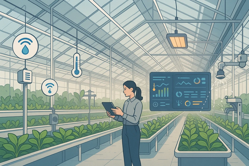 미래형 스마트팜 온실 내부에서 로봇팔과 IoT 센서, 대형 데이터 대시보드가 작동하며 채소를 자동 재배하는 하이테크 농장 일러스트