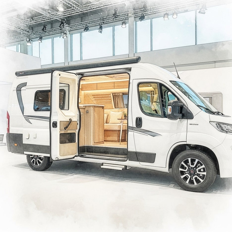 전시장에 전시된 세련된 화이트 톤의 최신형 캠핑카 모습