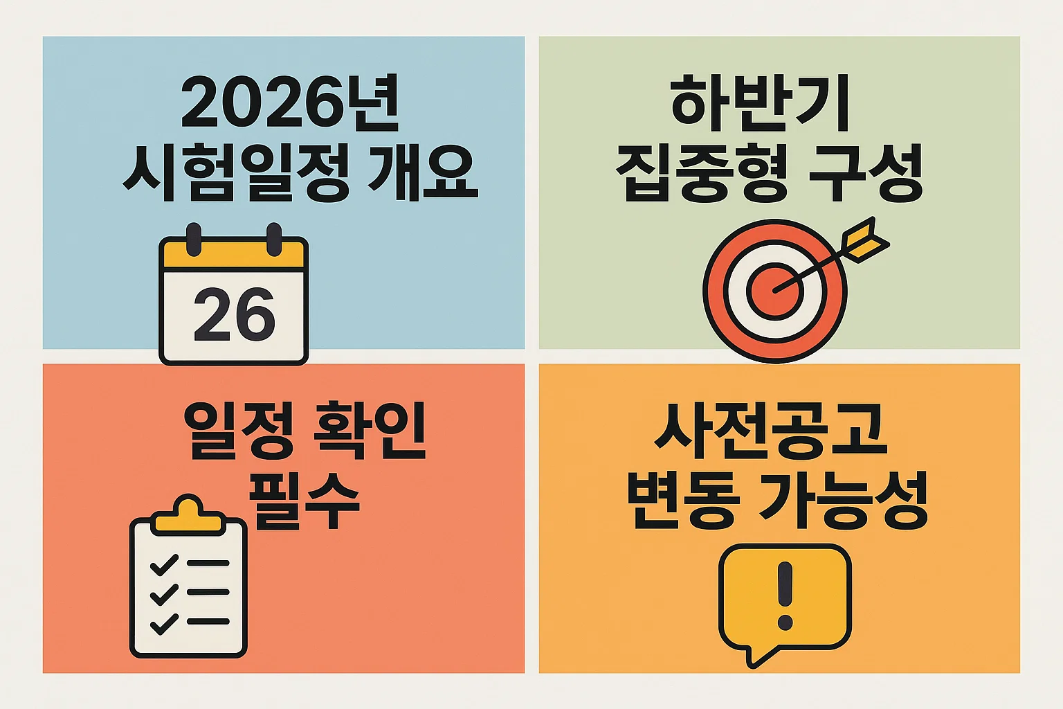 2026년 공인중개사 시험일정의 연간 구조, 하반기 집중형 시험 구성, 사전공고 변동 가능성 등 수험생이 반드시 확인해야 할 핵심정보를 요약한 시험일정 개요 인포그래픽