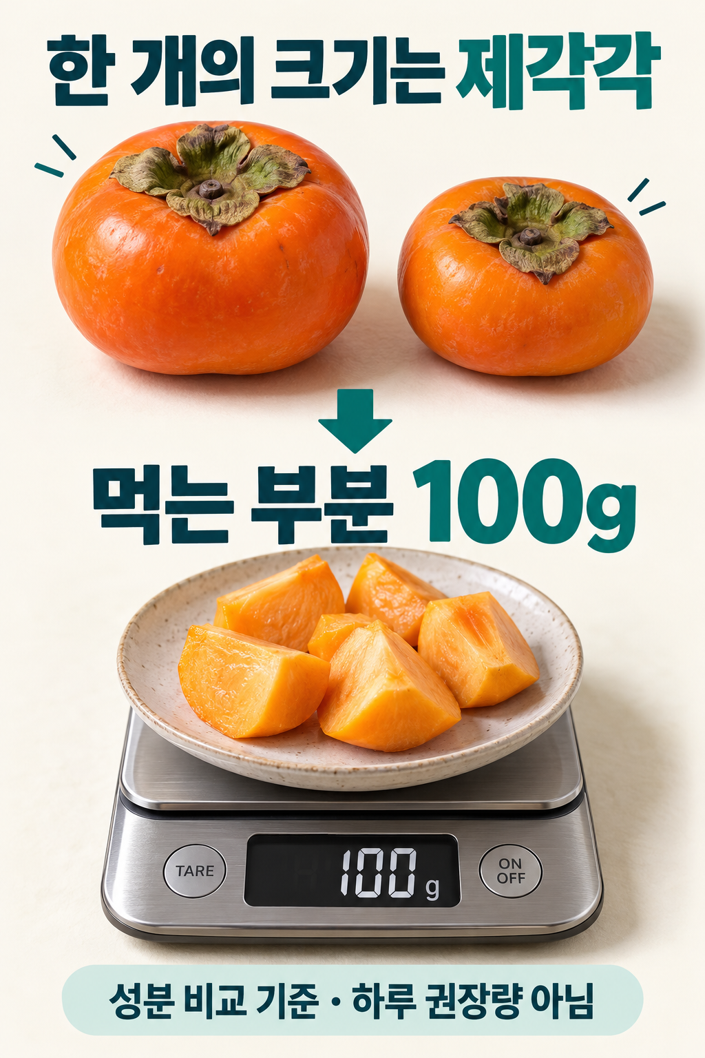 크기가 다른 단감과 껍질을 벗긴 조각을 저울에 덜어 먹는 부분 100g을 살피는 모습.