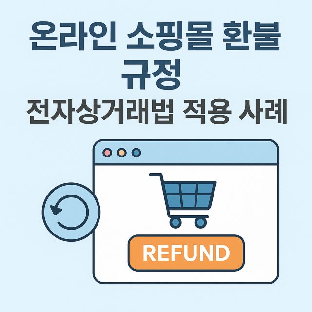 온라인 쇼핑몰 환불 규정과 전자상거래법 적용 사례를 설명하는 대표 이미지로, 환불 버튼과 쇼핑몰 장바구니 아이콘이 포함된 디자인