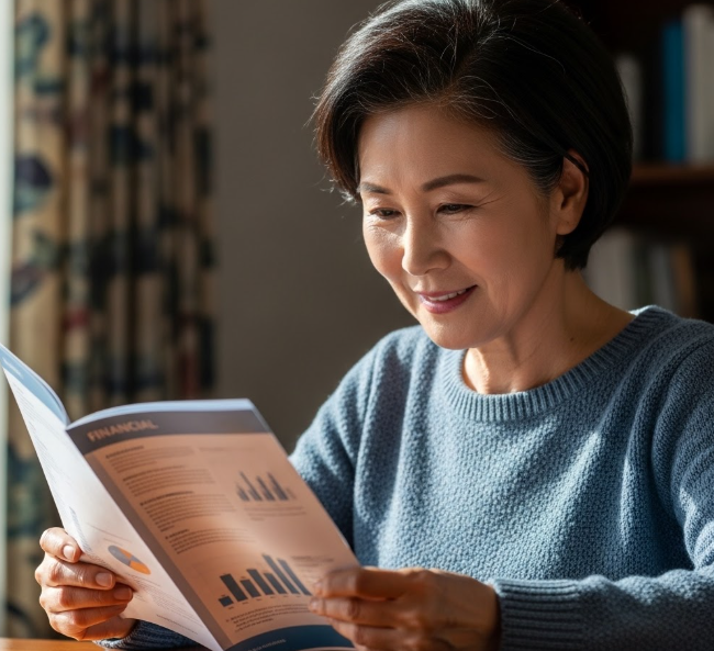 주택연금 안내 리플렛을 꼼꼼히 읽으며 미소 짓는 60대 여성