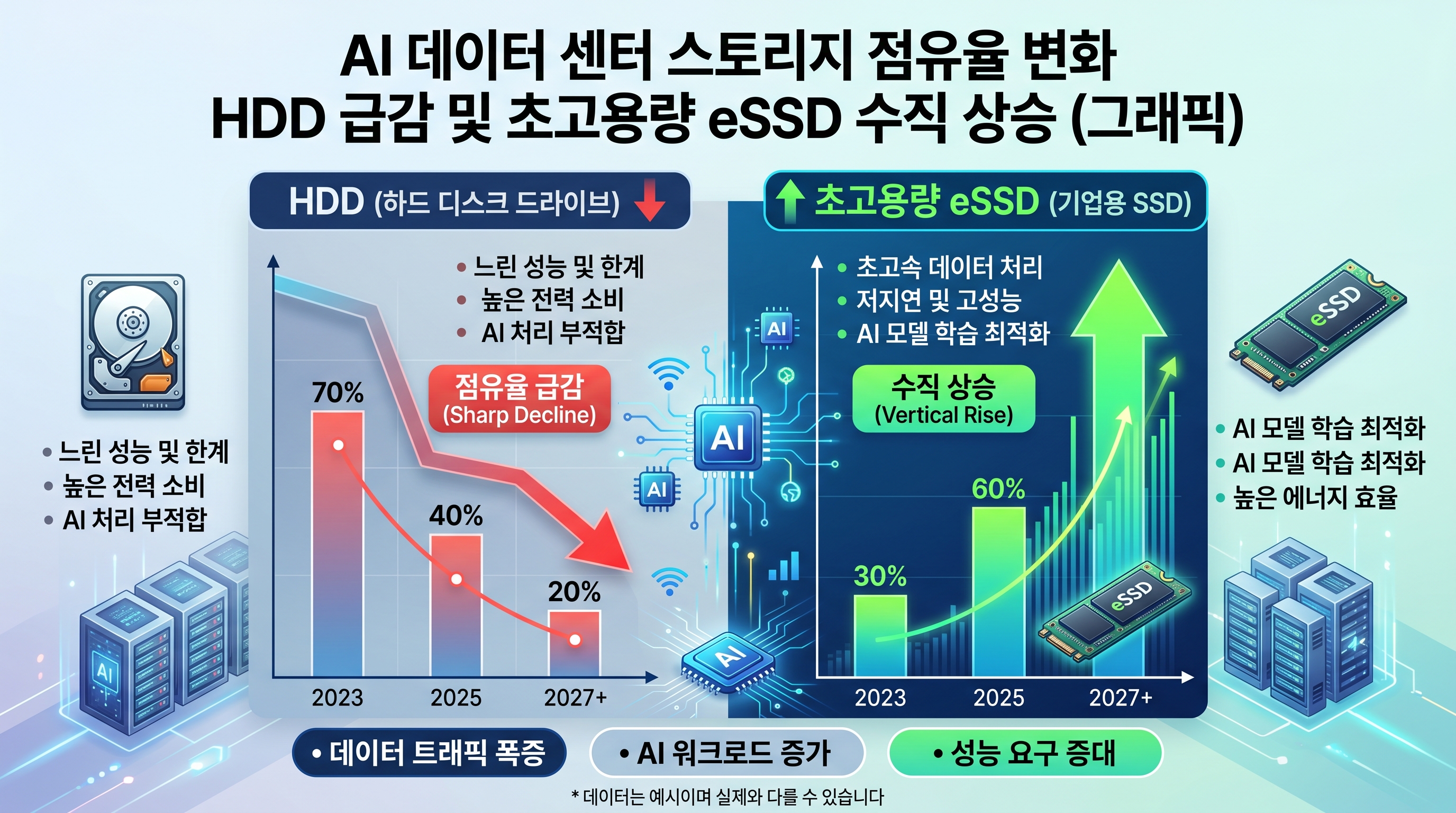 AI 데이터센터 스토리지 비중 변화 HDD의 급감과 초고용량 eSSD의 수직 상승 그래픽