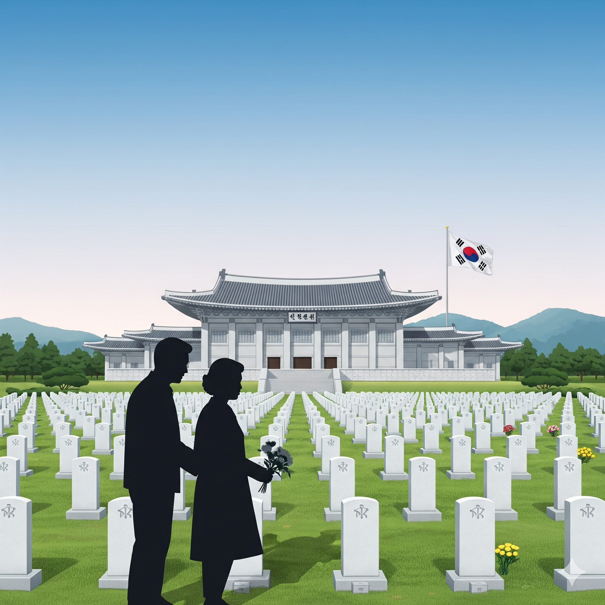 국립현충원의 웅장한 건물과 태극기가 바람에 나부끼는 모습