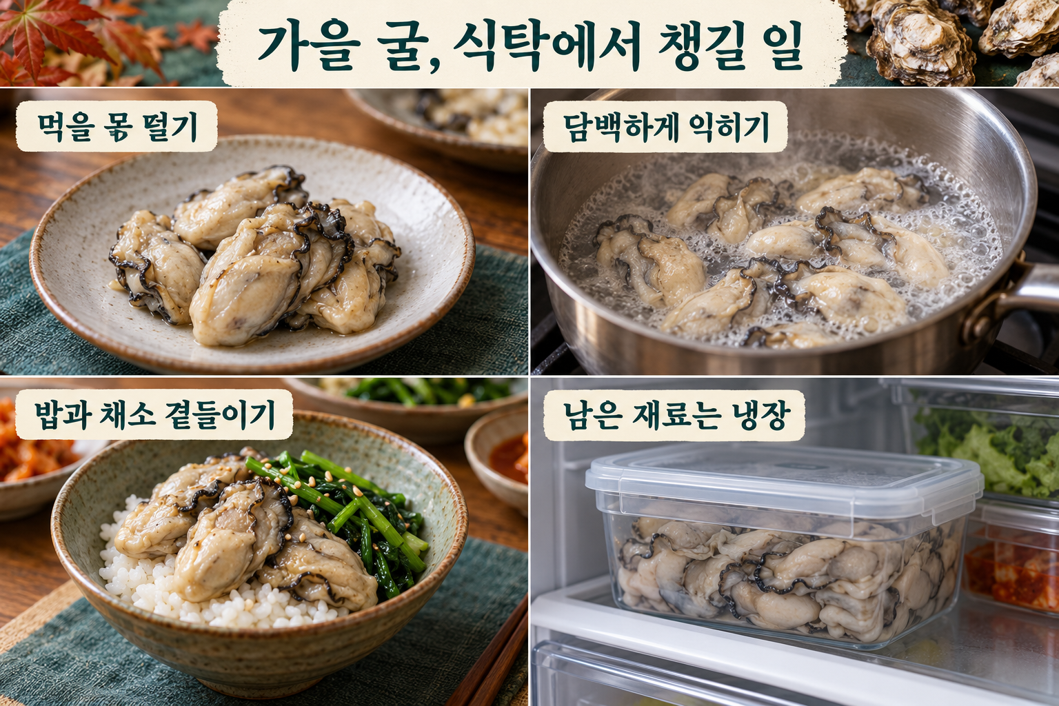 내 몫 덜기&middot;담백하게 익히기&middot;밥과 채소 곁들이기&middot;남은 생재료 저온 보관의 네 장면.