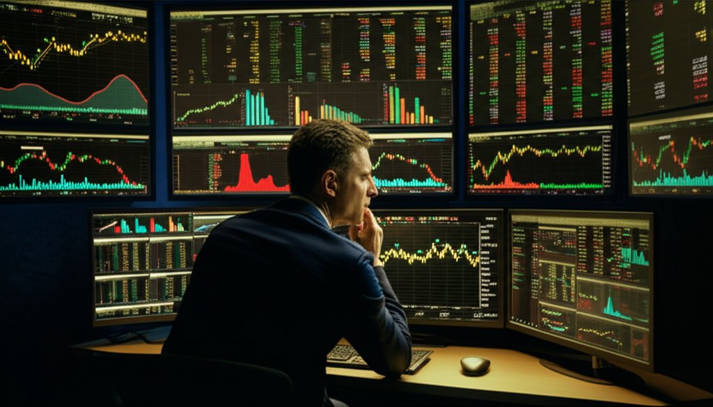 글로벌 증시 동향을 분석하는 투자자, 매거진 에디토리얼 스타일, 고급스러운 화보 느낌 이미지